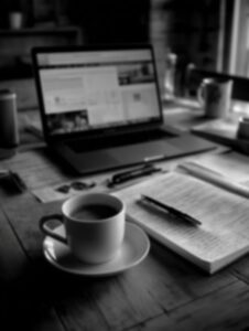 Un bureau minimaliste avec un ordinateur portable, une tasse de café et des notes, évoquant la créativité et le travail.