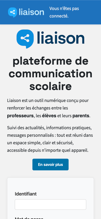 Interface de la plateforme de communication scolaire Liaison, avec options de connexion et description des fonctionnalités.