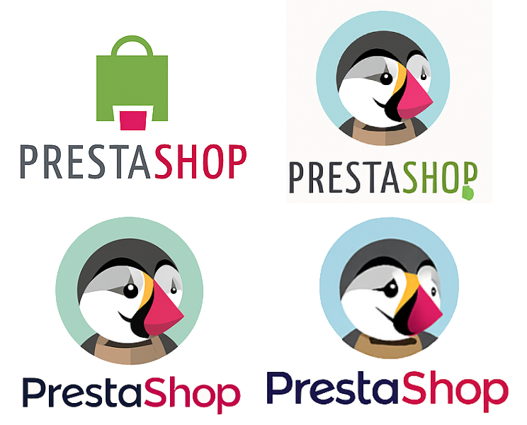Logos de PrestaShop, incluant le logo traditionnel et des variations avec un pingouin.