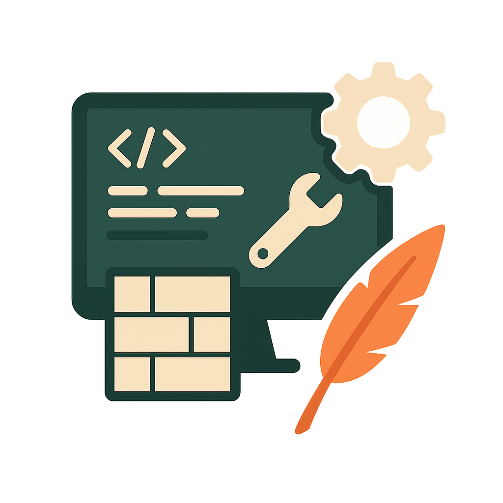 Icône illustrant le développement web avec code, outils et plume, symbolisant création, performance et design.