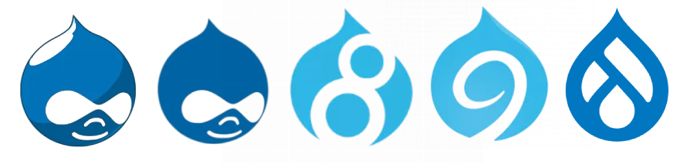 Logos de Drupal représentant les différentes versions et éléments de la plateforme de gestion de contenu.