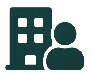 Icône représentant un développeur web avec un immeuble, symbolisant le travail freelance en création de sites web.