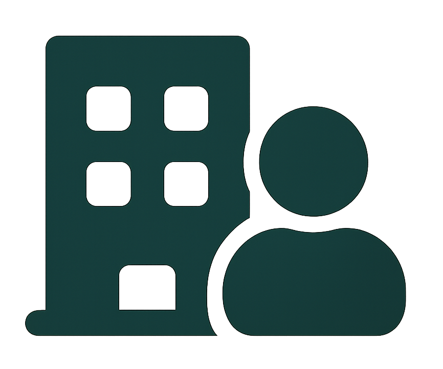 Icône représentant un développeur web avec un immeuble, symbolisant le travail freelance en création de sites web.