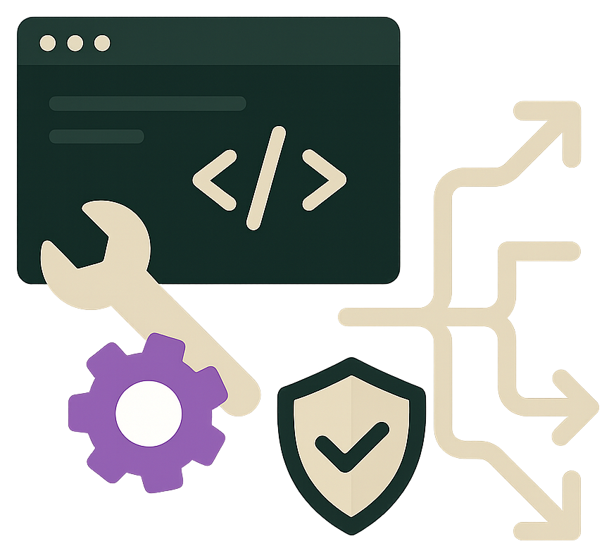 Icônes représentant le développement web : code, outils, performance, sécurité et optimisation SEO.