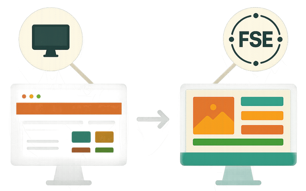Illustration montrant la transition d'un site web vers une interface utilisant FSE (Full Site Editing) en WordPress.