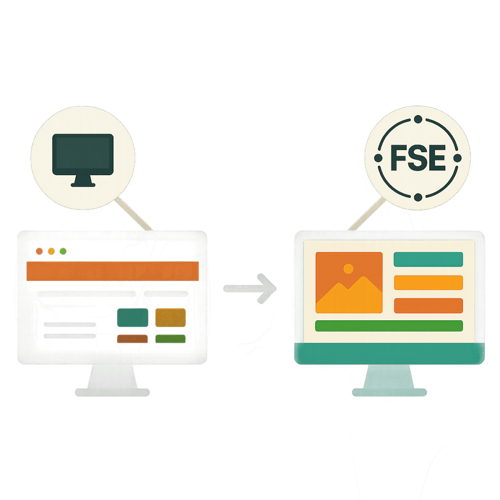 Illustration du passage d'un site web traditionnel à un site optimisé FSE.