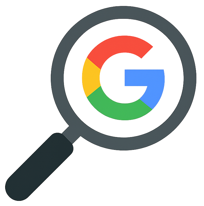 Icône de recherche de Google avec une loupe, symbolisant la recherche d'informations en ligne.
