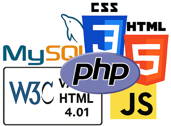 Logos de langages et technologies web : MySQL, HTML5, CSS3, JavaScript, PHP et W3C.