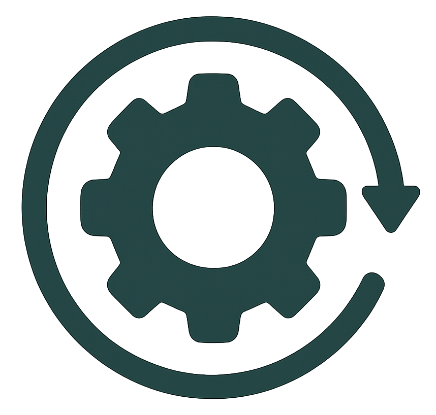 Icône de rouage avec flèche circulaire, symbolisant l'optimisation et la mise à jour des processus.