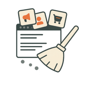 Icône illustrant un navigateur web avec des outils de marketing et une balayette pour le nettoyage numérique.