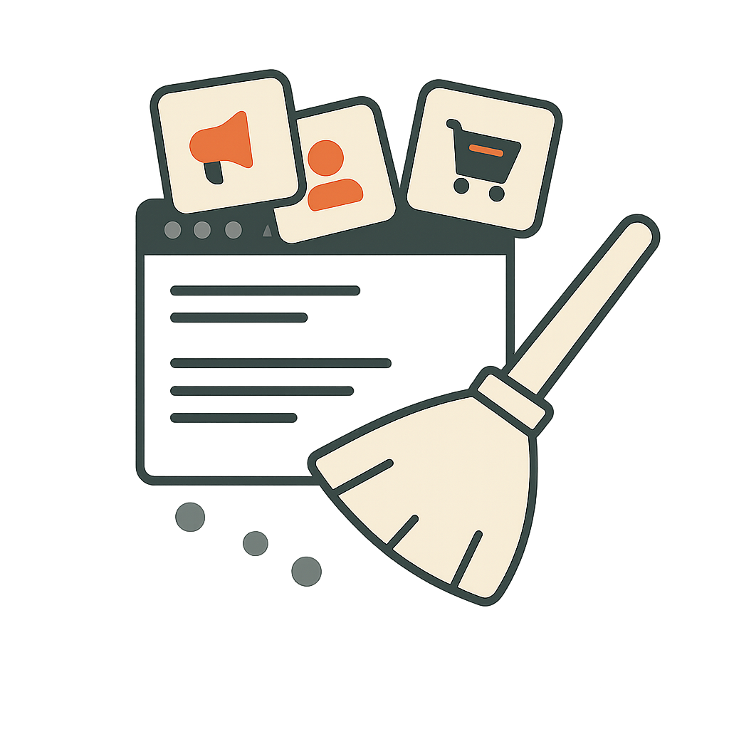 Icône illustrant un navigateur web avec des outils de marketing et une balayette pour le nettoyage numérique.