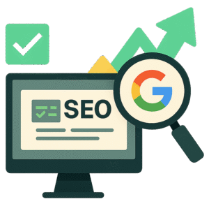Illustration d'un écran d'ordinateur affichant des éléments liés au SEO, avec une loupe et le logo de Google.