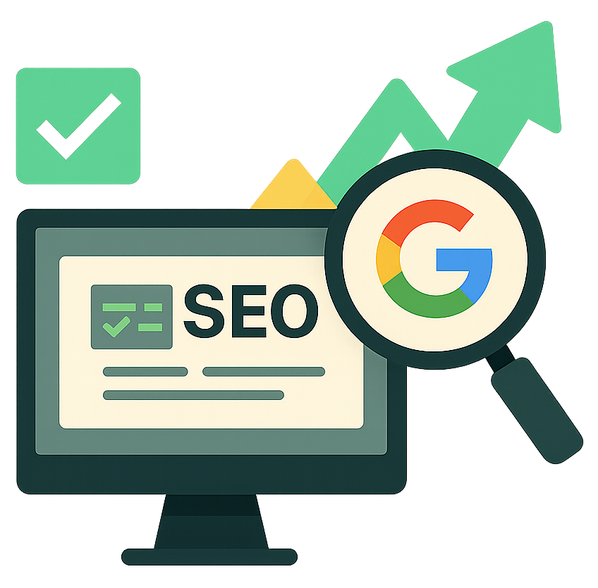Illustration d'un écran d'ordinateur affichant des éléments liés au SEO, avec une loupe et le logo de Google.