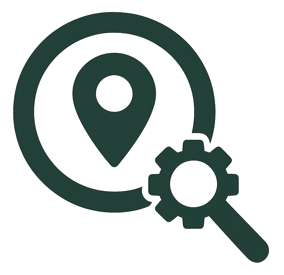 Icône représentant la localisation et la recherche avec un engrenage, symbolisant l'optimisation et la technologie.