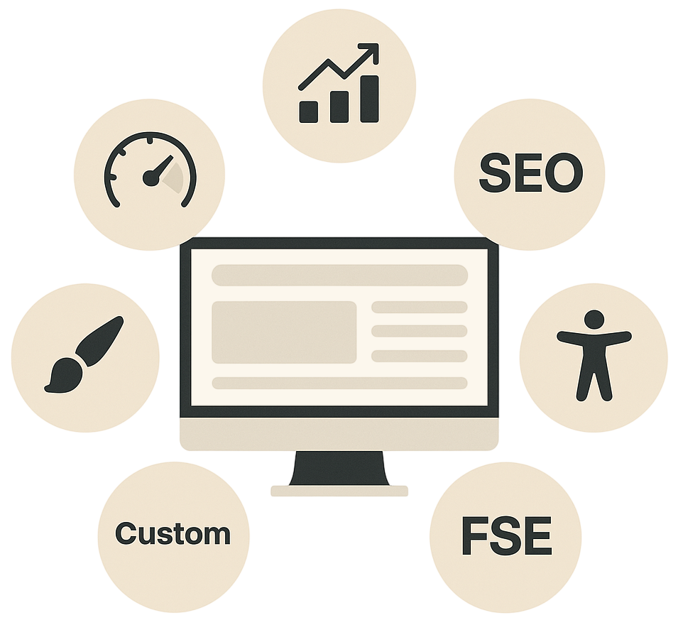 Icône représentant un ordinateur avec des éléments liés à la performance, le design, le SEO, et des solutions personnalisées.