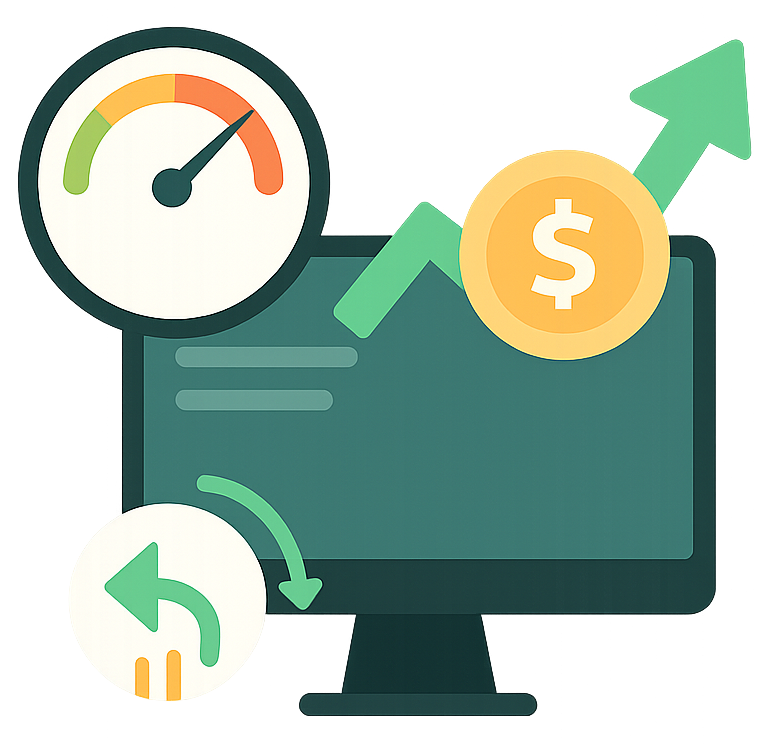 Icône de performance web montrant un écran avec des graphiques de croissance et des indicateurs de vitesse.