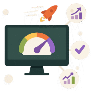 Illustration d'un écran d'ordinateur montrant un indicateur de performance et des éléments de croissance, symbolisant l'optimisation web.