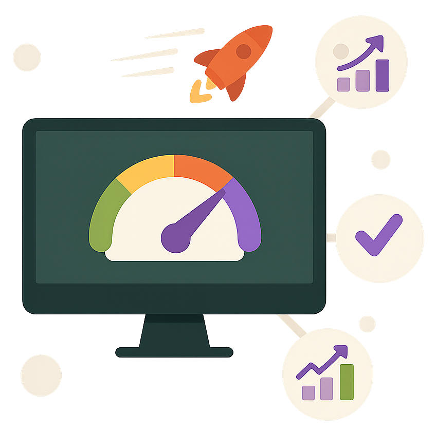 Illustration d'un écran d'ordinateur montrant un indicateur de performance et des éléments de croissance, symbolisant l'optimisation web.