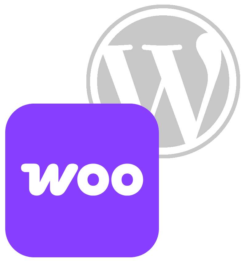 Logos de WordPress et WooCommerce, symboles de développement web pour sites e-commerce et optimisés SEO.