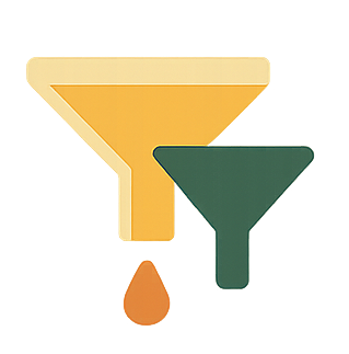 Icônes de filtres stylisés en jaune et vert, symbolisant la sélection et le tri des données.