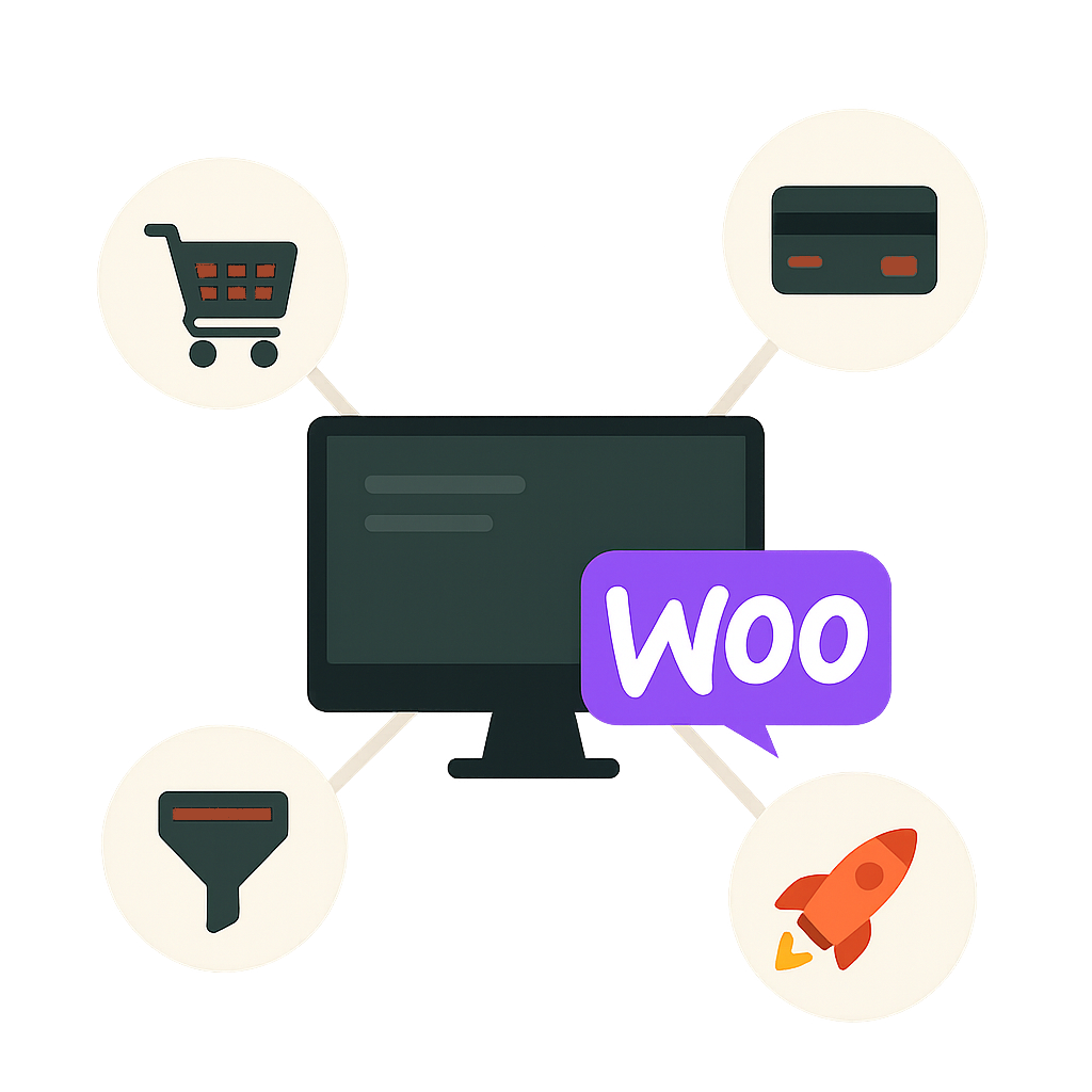 Illustration représentant WooCommerce avec un ordinateur, un panier d'achats, une carte de paiement et une fusée.