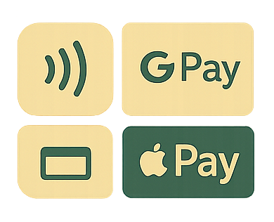 Icônes de paiement mobiles : GPay, Apple Pay et un symbole de paiement sans contact.