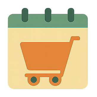 Icône de calendrier avec un chariot de courses, représentant la planification des achats en ligne.