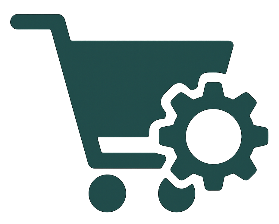 Icône d'un chariot de course avec un engrenage, symbolisant le commerce en ligne et la personnalisation des sites e-commerce.