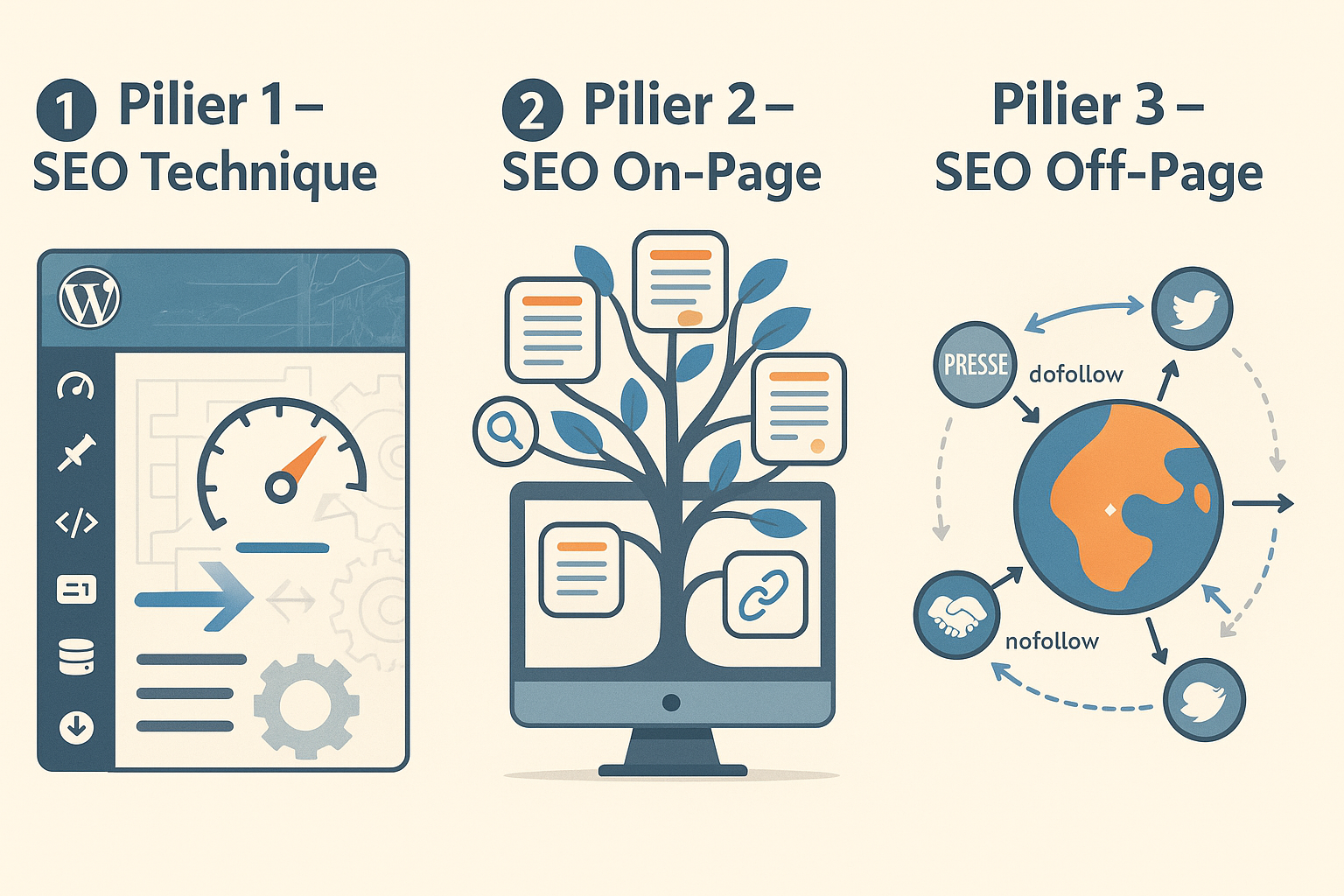 Illustration des trois piliers du SEO : technique, on-page et off-page, pour optimiser la performance d'un site web.