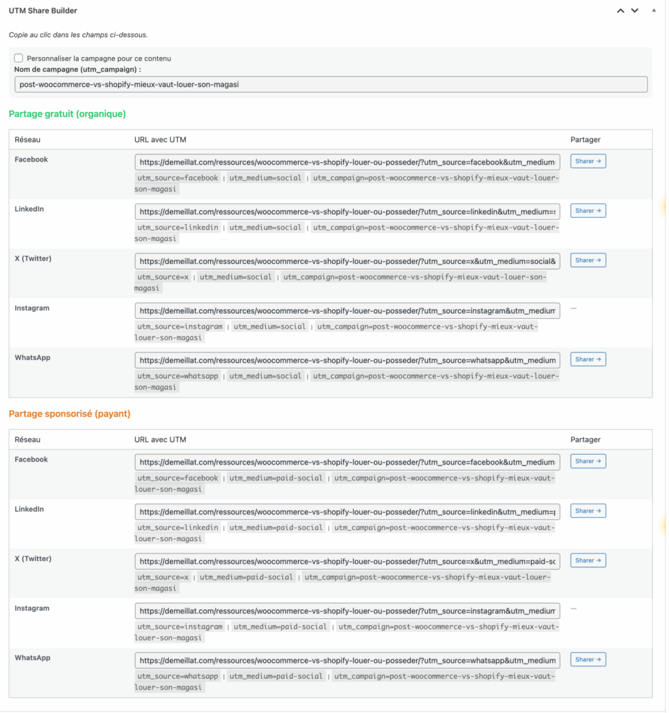 Interface UTM Share Builder pour le partage de liens sur les réseaux sociaux. Options pour partage gratuit ou sponsorisé.