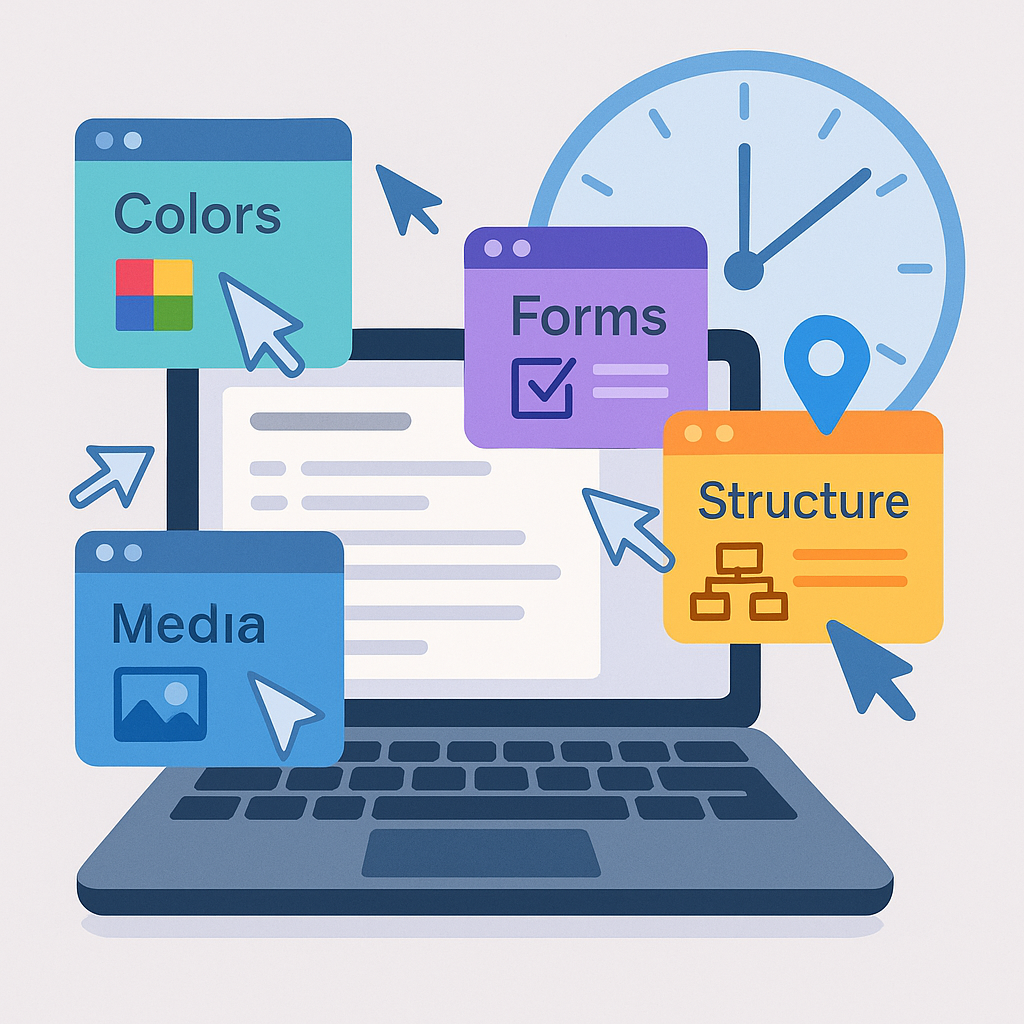 Illustration d'un ordinateur portable avec des fenêtres autour, représentant des éléments d'accessibilité web comme les couleurs, les formulaires et la structure.