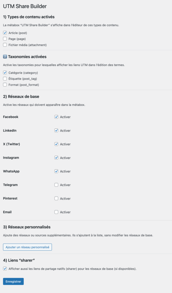 Interface de partage UTM avec options de contenu et réseaux sociaux activés.