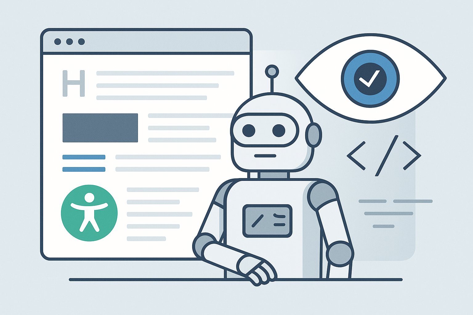 Illustration d'un robot devant un écran avec du code, symbolisant le développement web et l'accessibilité.