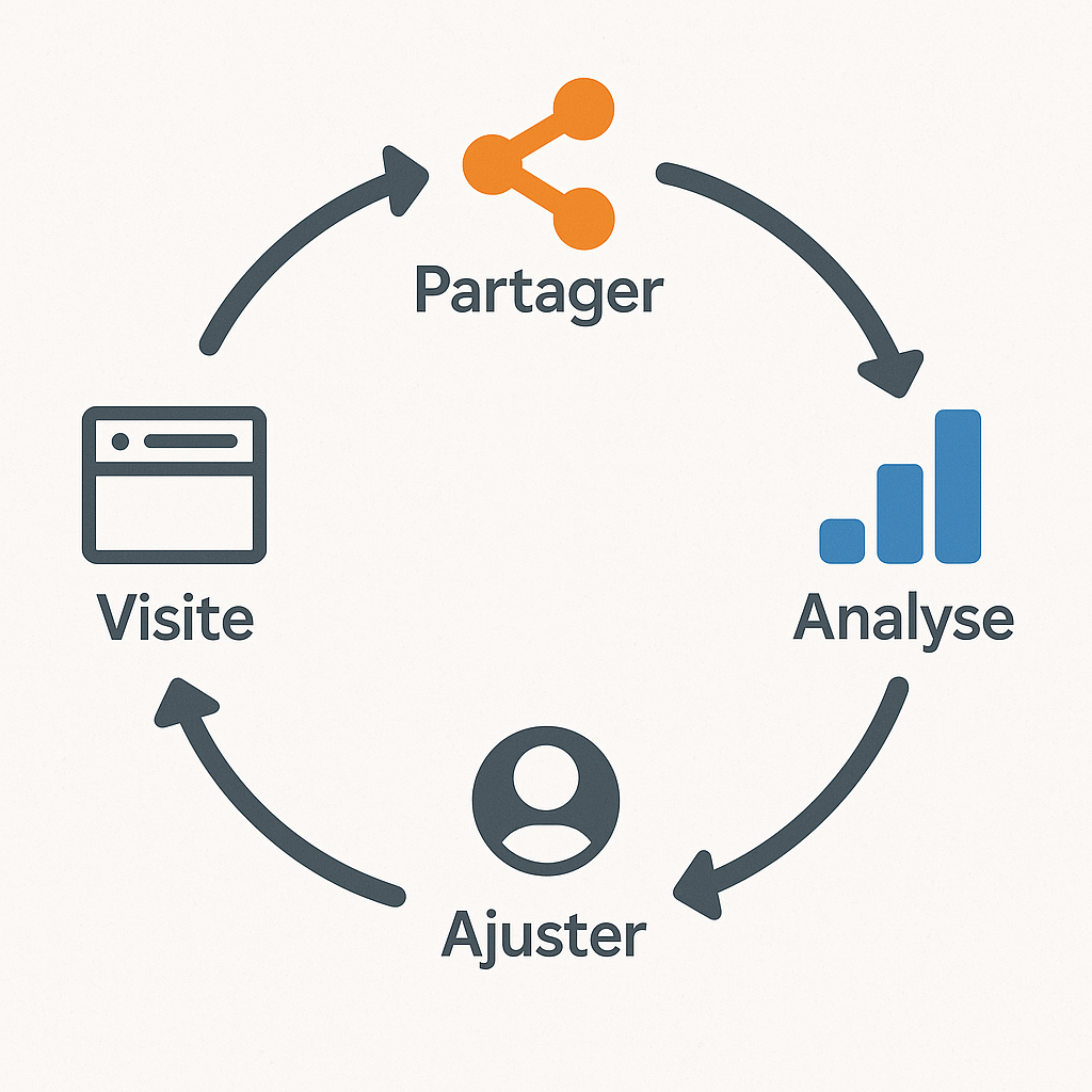 Cycle de partage, analyse, ajustement et visite sur un site web.
