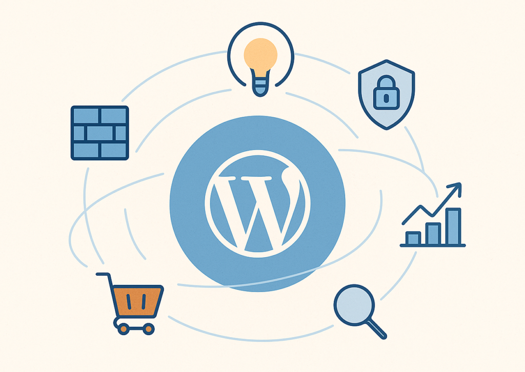 Blog sur le dev WordPress. Icônes symbolisant sécurité, performance, SEO et e-commerce.