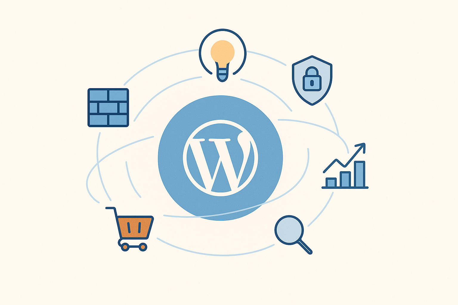 Blog sur le dev WordPress. Icônes symbolisant sécurité, performance, SEO et e-commerce.