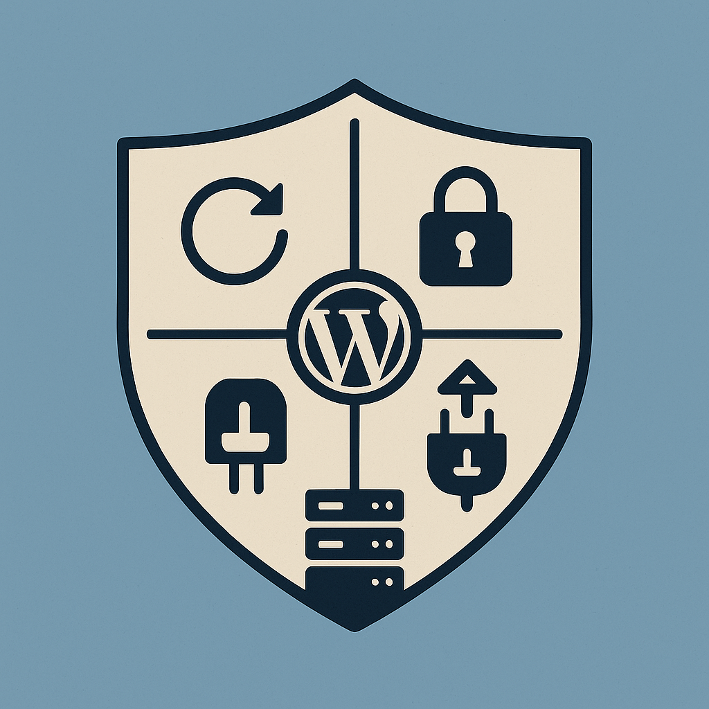 Icône représentant une protection WordPress avec des symboles de sécurité, de performance et de mise à jour.