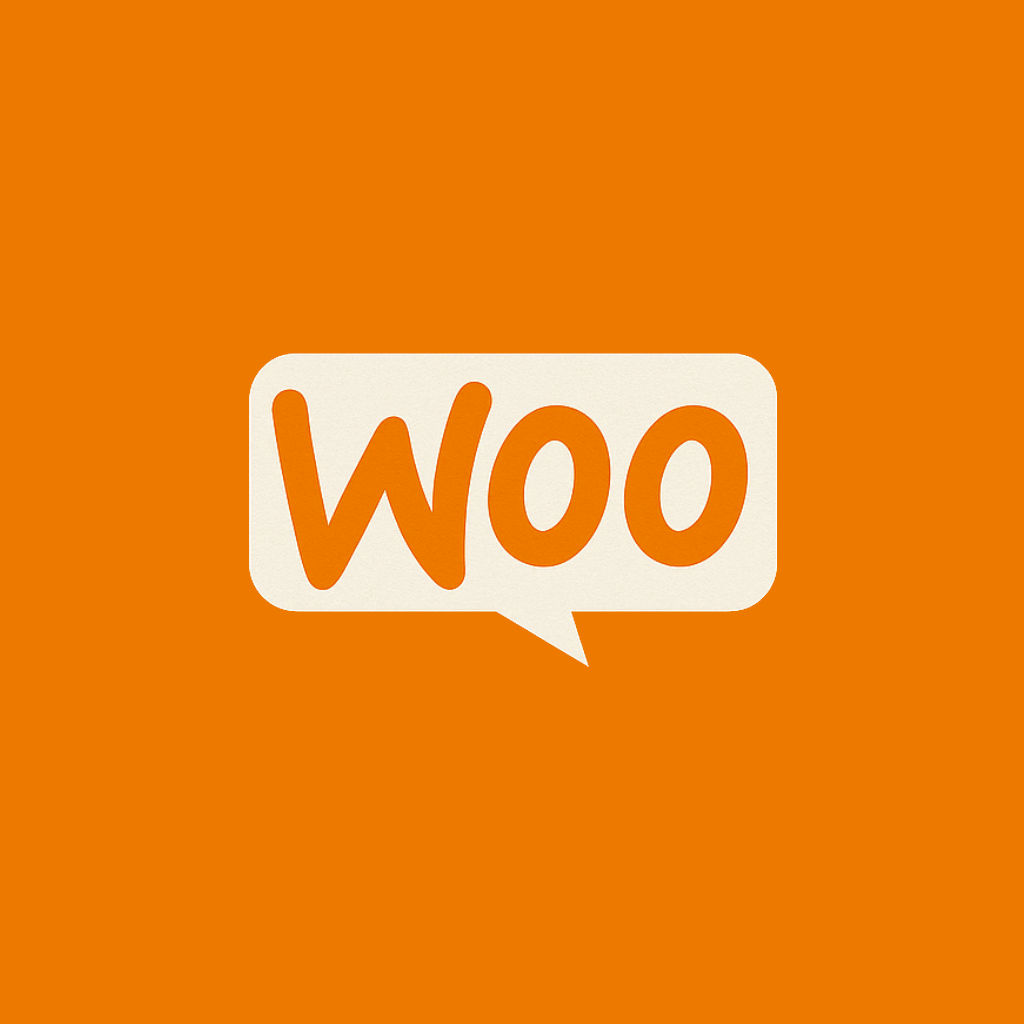 Logo de WooCommerce sur fond orange, symbolisant la plateforme e-commerce facile à utiliser.