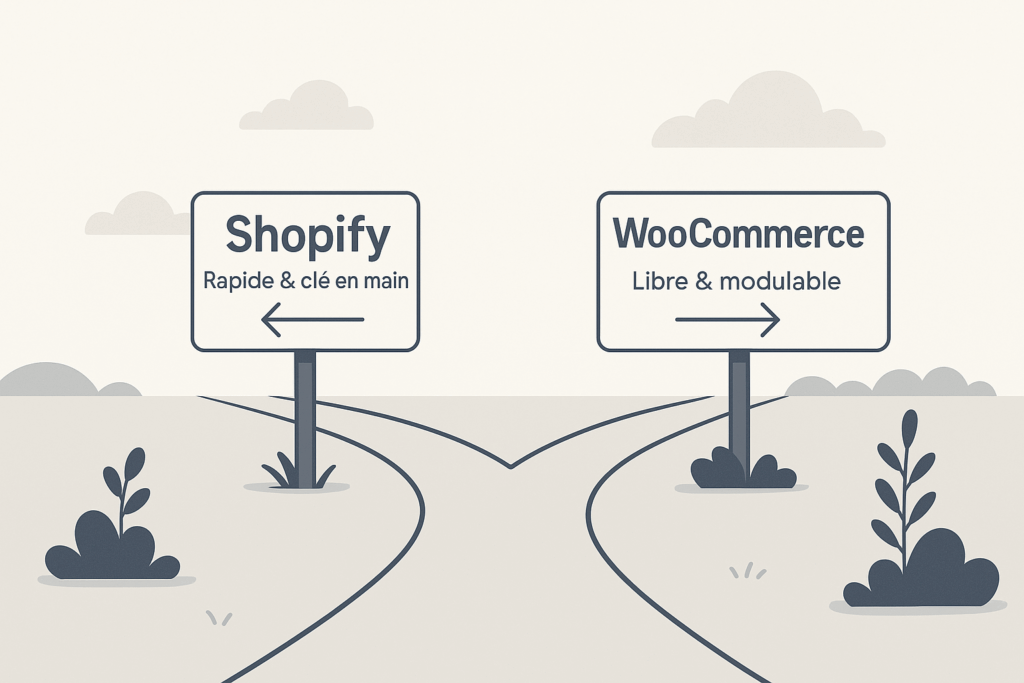 Panneaux indiquant deux options de plateformes e-commerce : Shopify, rapide et clé en main, et WooCommerce, libre et modulable.