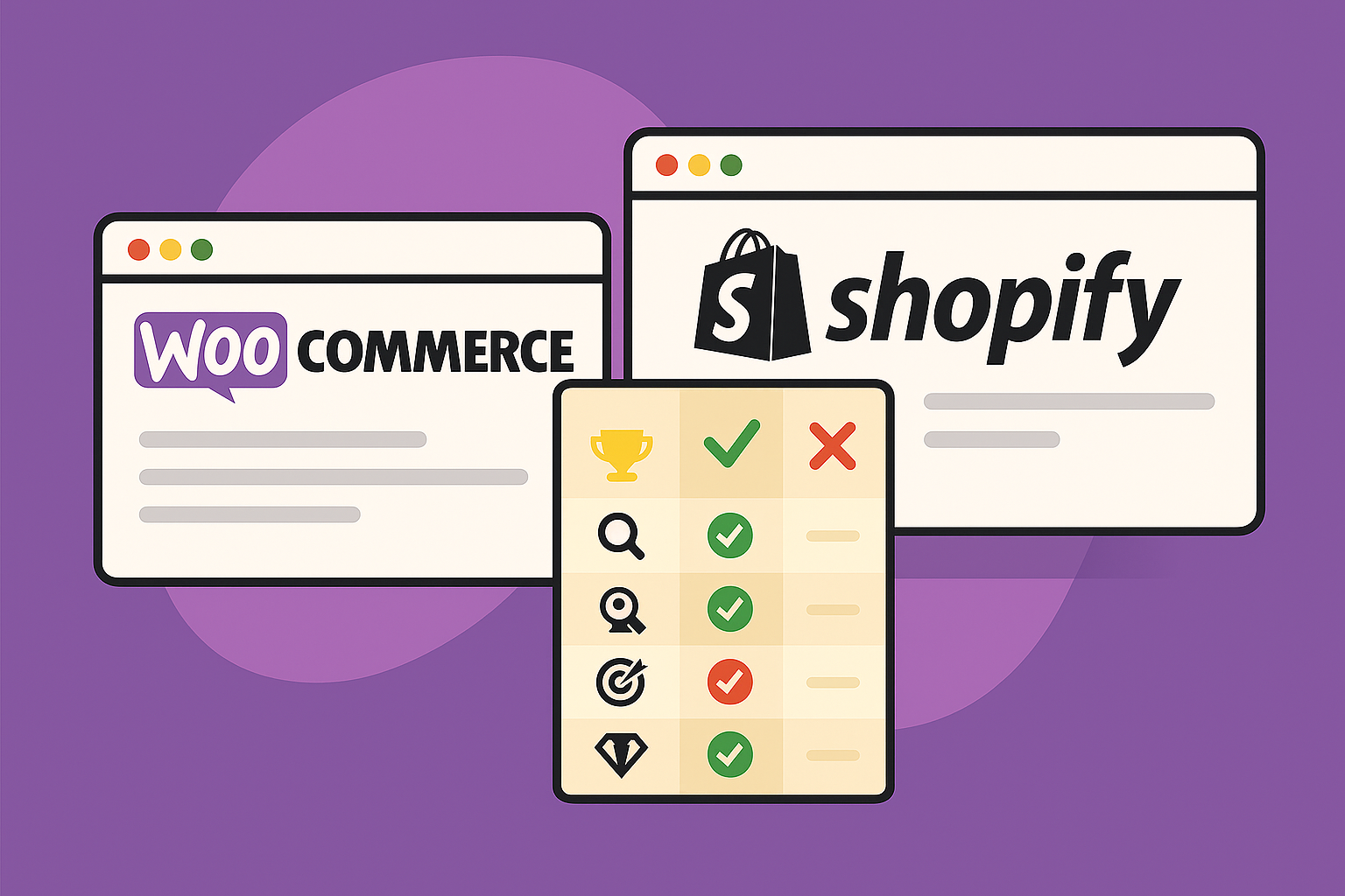 Comparaison de WooCommerce et Shopify avec des critères d'évaluation visuels.