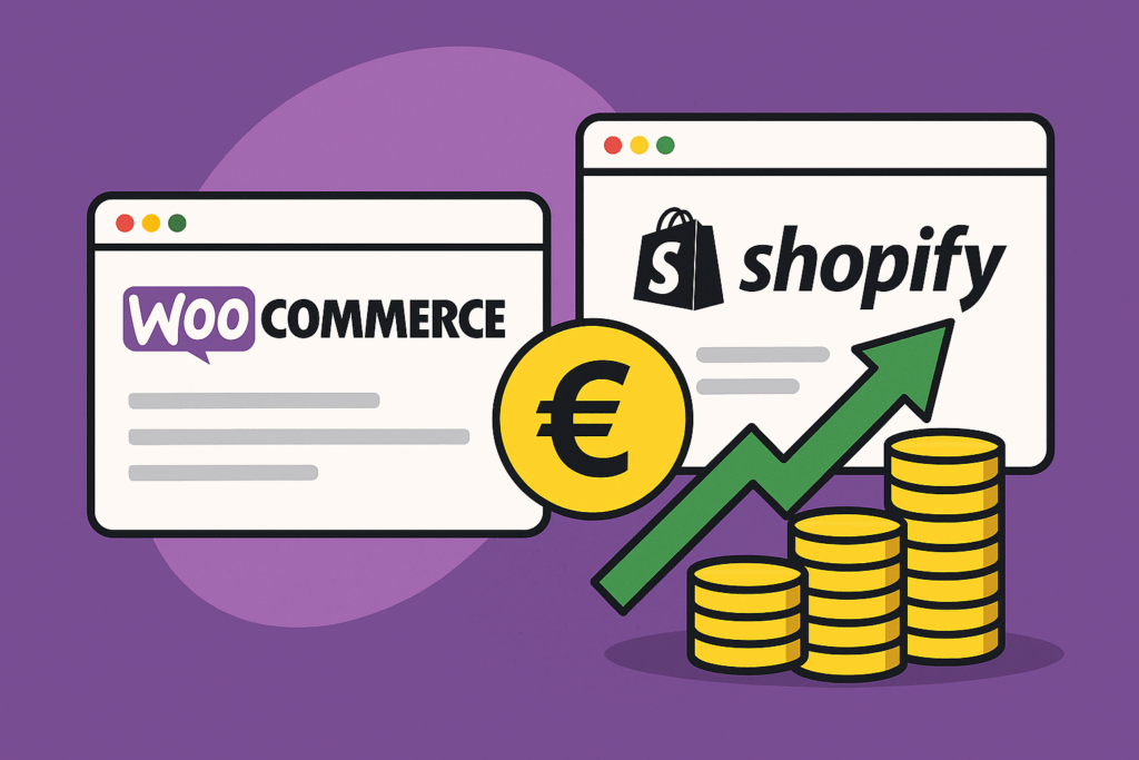 Illustration comparant WooCommerce et Shopify . Le coût réel sur plusieurs années