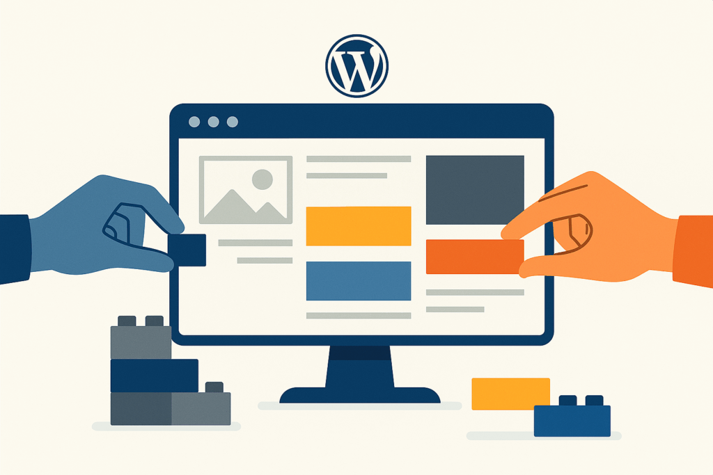Illustration d'un écran d'ordinateur avec des blocs de construction et des mains en train de concevoir un site WordPress. Le développeur prépare les bloc, l'utilisateur s'en sert.