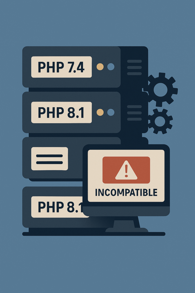Serveurs PHP avec une alerte d'incompatibilité sur la version 8.1, signalant un problème potentiel.