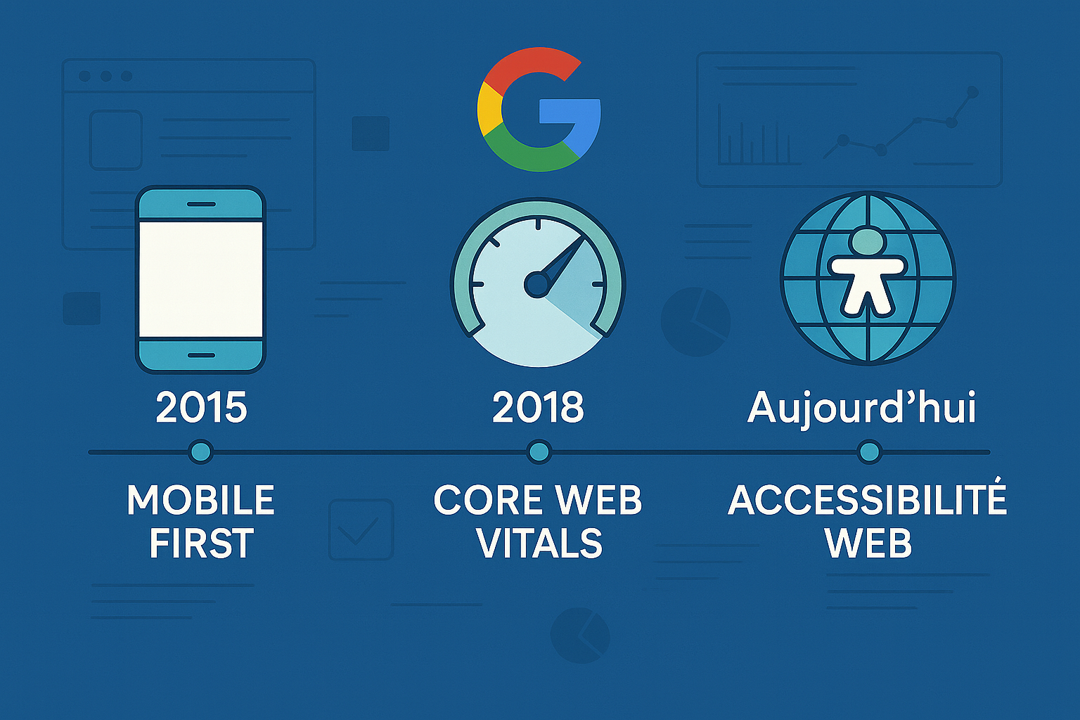 Chronologie des évolutions web : Mobile First (2015), Core Web Vitals (2018), Accessibilité Web (aujourd'hui).