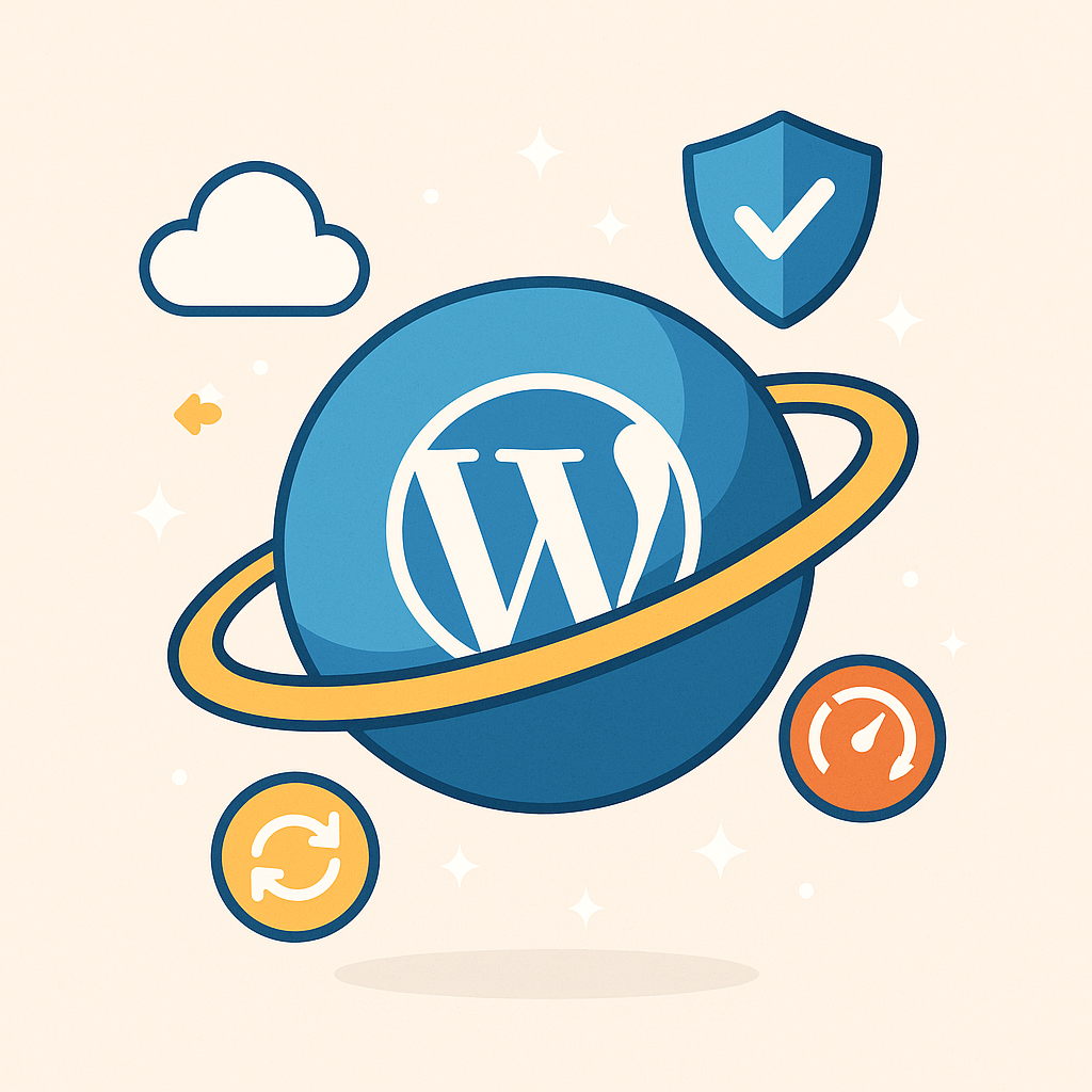 Icône illustrant la maintenance WordPress, avec des éléments de sécurité et de rapidité.