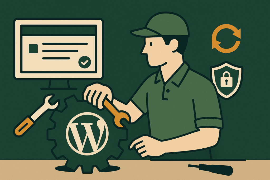Un développeur travaillant sur un projet WordPress avec des outils, symbolisant la maintenance et la sécurité.