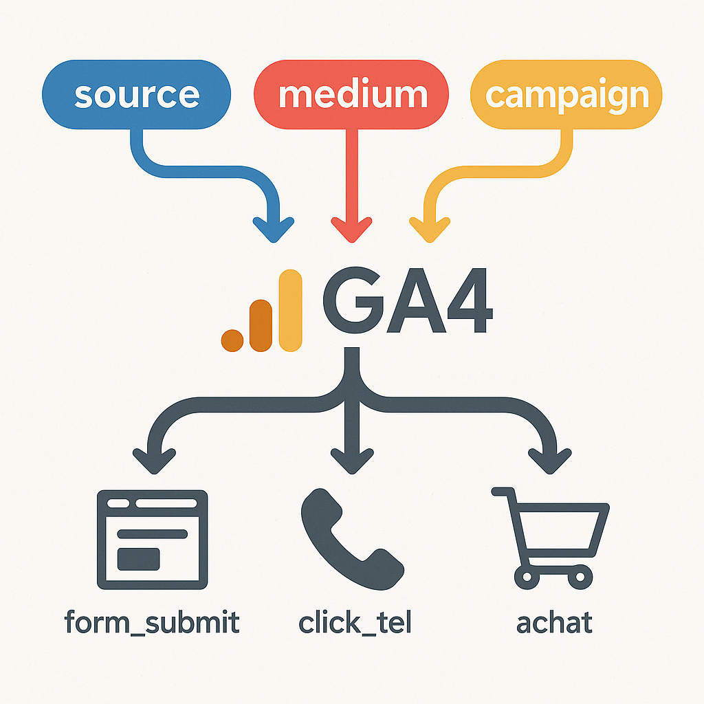 Diagramme illustrant le suivi des événements dans Google Analytics 4 (GA4) avec des catégories : source, medium, campagne.