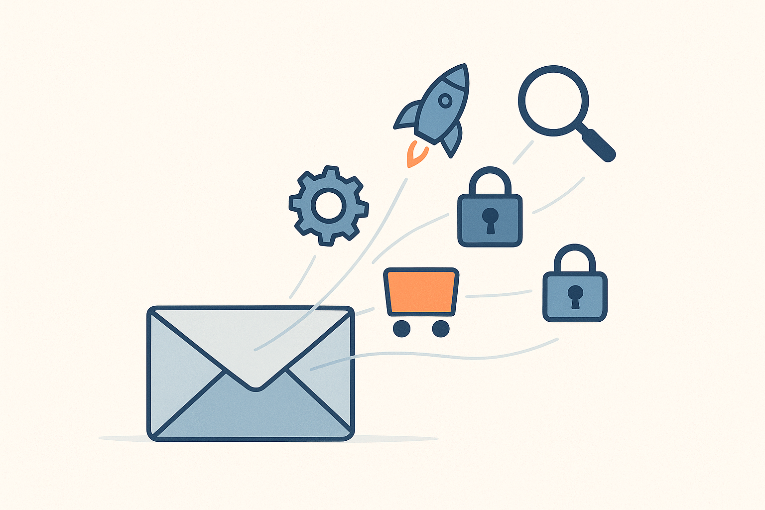 Icône d'inscription à la newsletter avec un enveloppe, un fusée, un caddie et des cadenas symbolisant la sécurité et la performance.