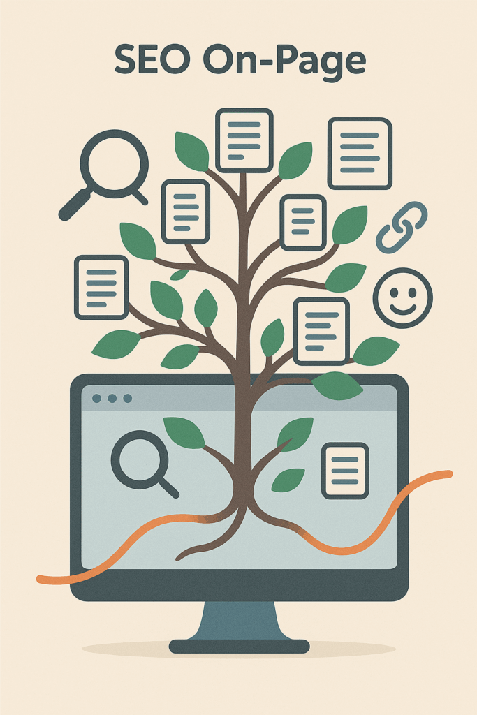 Illustration du SEO On-Page, montrant un arbre avec des liens et des documents, symbolisant l'optimisation du contenu web.
