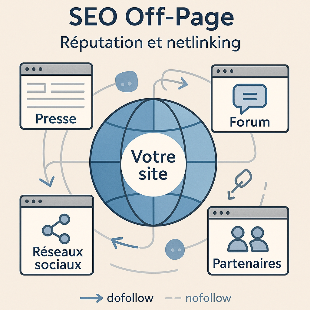 Illustration sur le SEO Off-Page montrant l'importance de la réputation et du netlinking pour optimiser un site web.